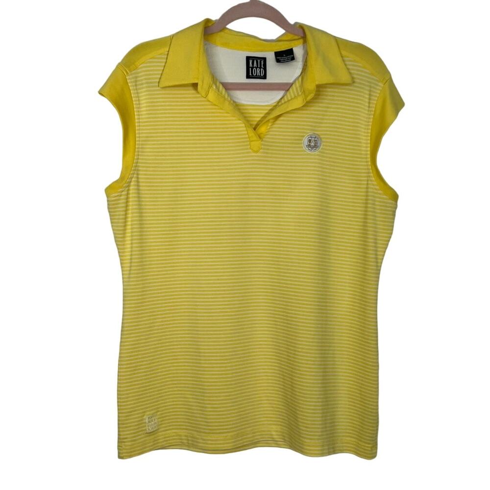 Kate Lord Yellow White Stripes Short Sleeves Polo Shirt V-neck Top Size L‎
